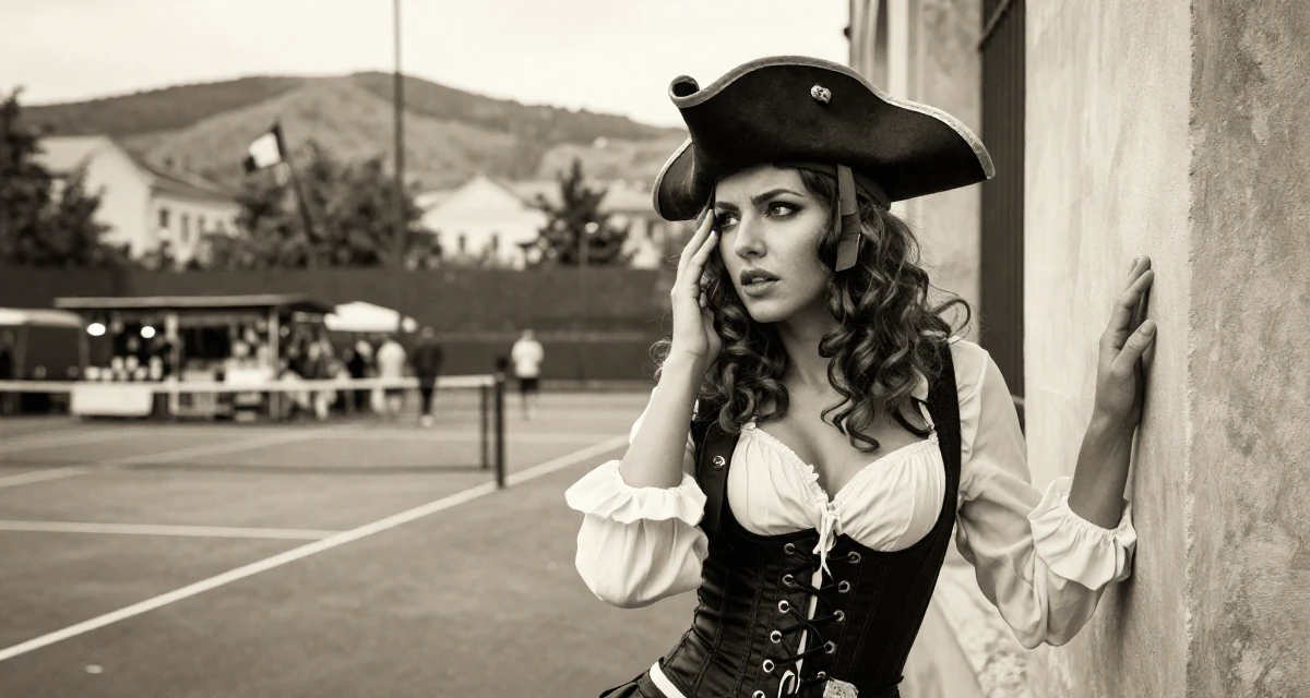 A emotional Female From Ukraine, based in Odessa, graduated from a design academy majoring in aesthetic content creation in their 32, urban explorer finding beauty in the city, wearing a pirate captain outfit with a corset and tricorn hat, pushing hair from face in a tennis court.