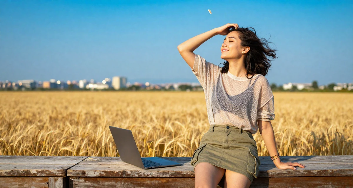 A relaxed and happy Female Once a freelance translator, now exploring multilingual creator content in their 23, managing early burnout from overcommitment, wearing a layered mesh top and cargo mini skirt, catching a falling flower petal in a golden wheat field.