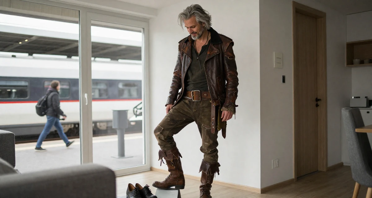 A pleased male From Aarhus Denmark, studied digital concept development in their 48, embracing grey hair with style and grace, wearing a post-apocalyptic scavenger outfit with distressed leather, looking down at shoes in a modern apartment.