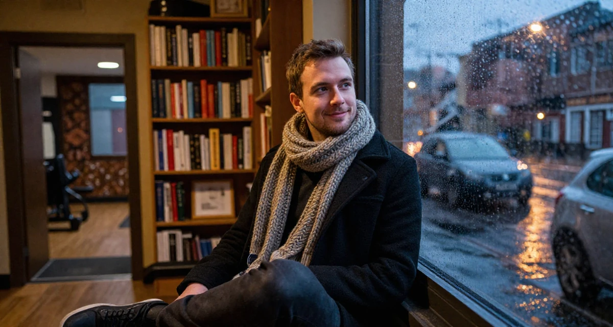A quietly happy male From Birmingham United Kingdom, holds a degree in economics in their 38, documenting a home gym transformation, wearing a heavy knit scarf and coat, looking at a reflection in a window in a cinema lobby.