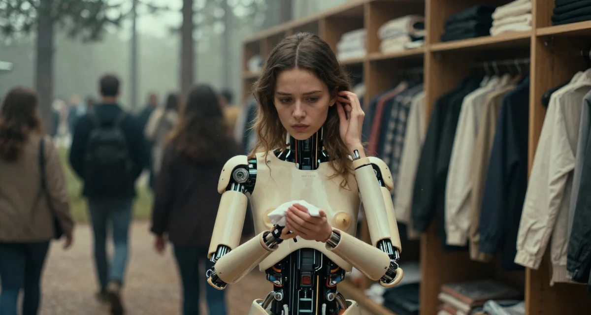 A disinterested Female From France, has a degree in art history and curating in their 24, learning to prioritize emotional well-being, wearing a cybernetic doll outfit with porcelain-like skin textures, wiping hands in a walk-in wardrobe.