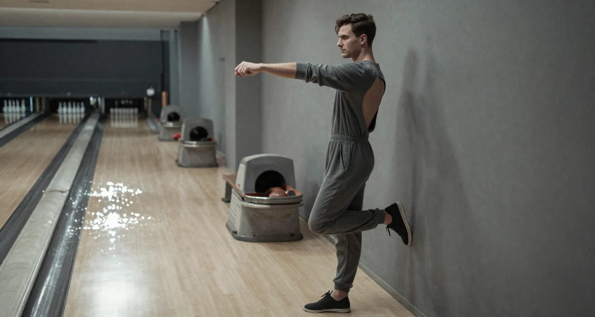 A arrogant male From UK, studied fashion marketing in London in their 25, appreciating quiet mornings and routines, wearing a fitted jumpsuit with an open back design, stretching arms after waking in a bowling alley.