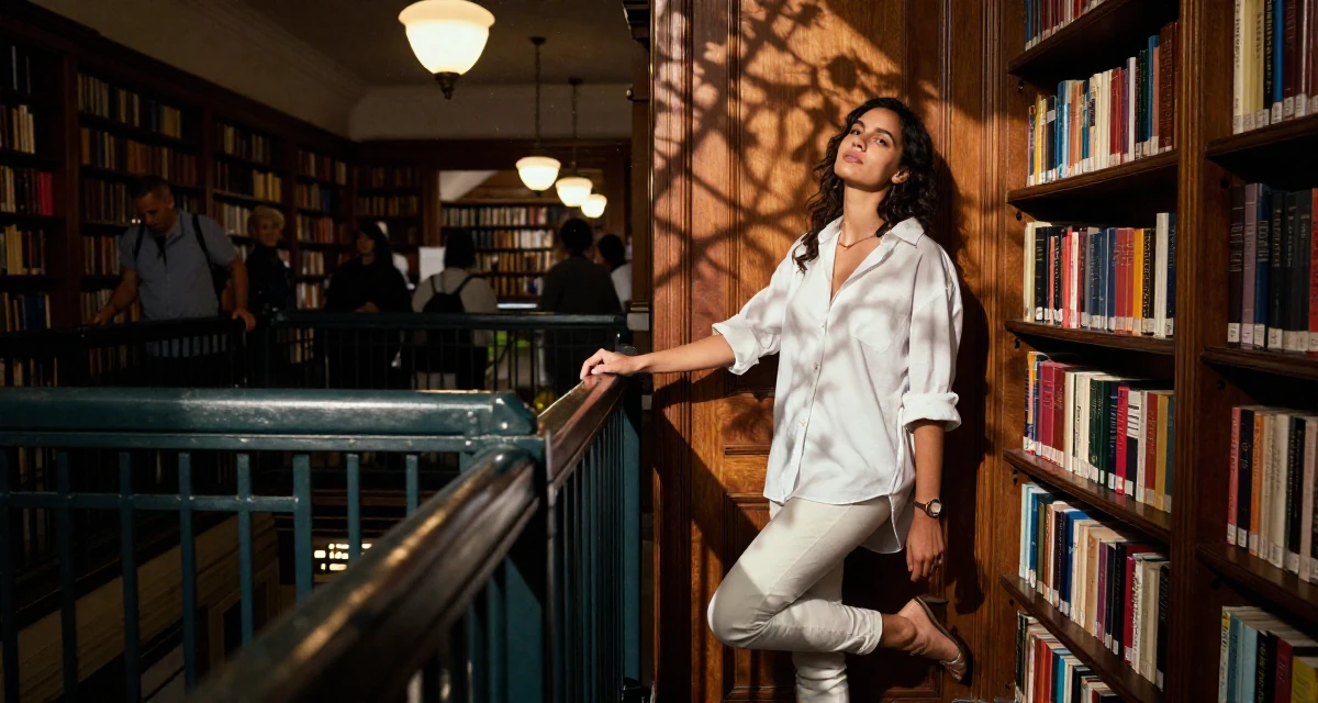A relieved Female From United States, majored in forestry studies in their 25, experimenting with color palettes that feel sensual, wearing a oversized white shirt with sleeves rolled up and slim trousers, holding a railing in a quiet library corner.