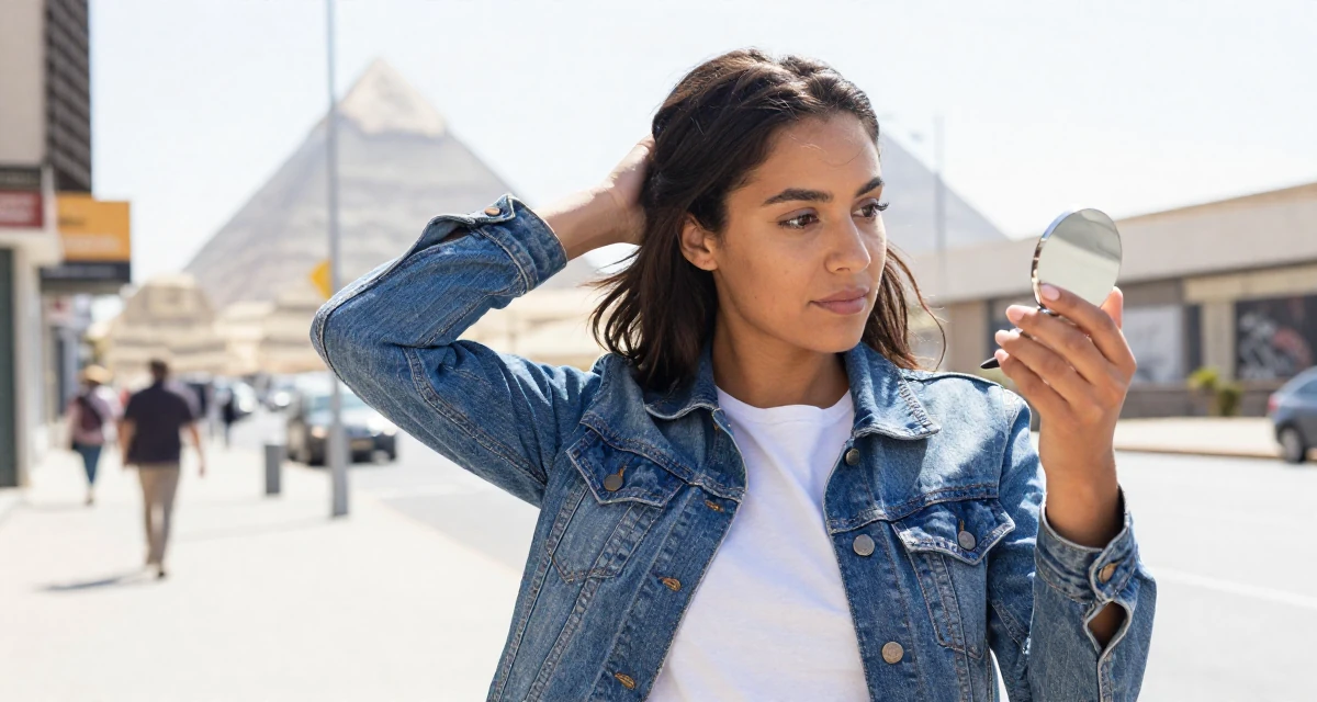 A longing Female From South Africa, majored in development studies in their 20, working a chaotic part-time job, wearing a classic denim jacket and white tee, checking makeup in a compact mirror in a city sidewalk.