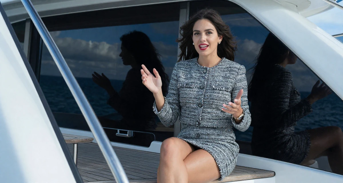A amused Female From Australia, has a diploma in business administration in their 23, balancing risk-taking with stability needs, wearing a cropped tweed jacket and a high-waisted mini skirt, gesturing while talking in a yacht deck.