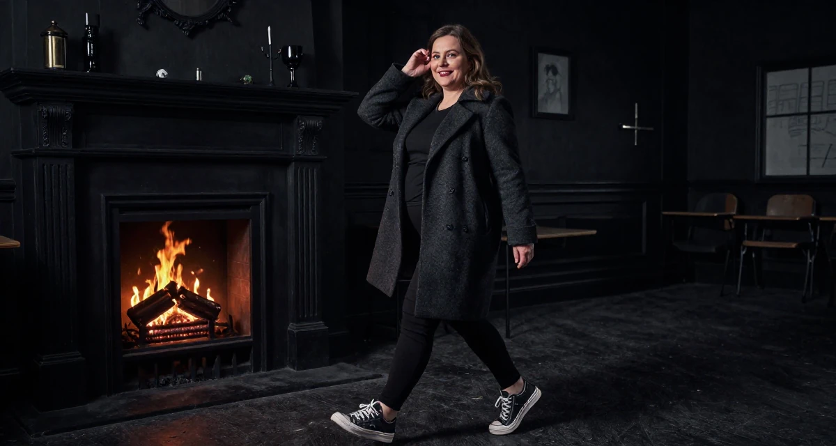 A pleased Female Former accountant in her 40s, now embracing body confidence and digital art in their 33, documenting a weight loss and health journey, wearing a tailored coat with casual sneakers, tucking hair behind an ear in a classroom setting.