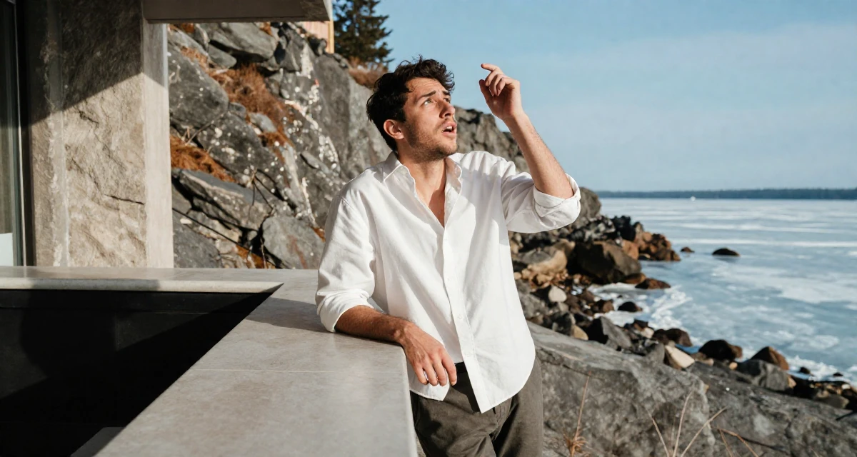 A anxious but excited male From Canada, trained in advertising and branding in their 22, dealing with inconsistent income month to month, wearing a oversized white shirt with sleeves rolled up and slim trousers, gazing at the sky in a rocky ocean cliff.