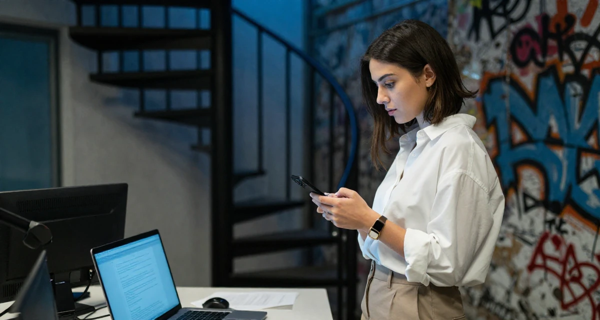 A curious and focused Female From Turkey, based in Izmir, graduated from a communication faculty majoring in brand strategy in their 22, navigating the confusing world of office politics, wearing a oversized white shirt with sleeves rolled up and slim trousers, checking a phone in a radio station.