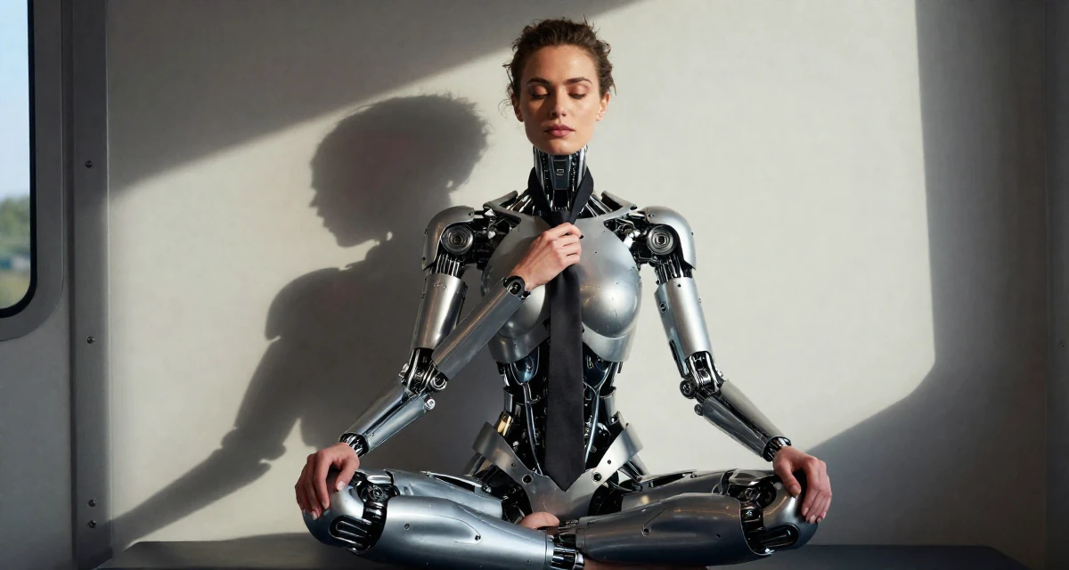 A elegant Female From Austria, majored in music theory in their 45, focusing on mental clarity and meditation, wearing a futuristic android body armor with exposed mechanical parts, playing with a tie in a train carriage.