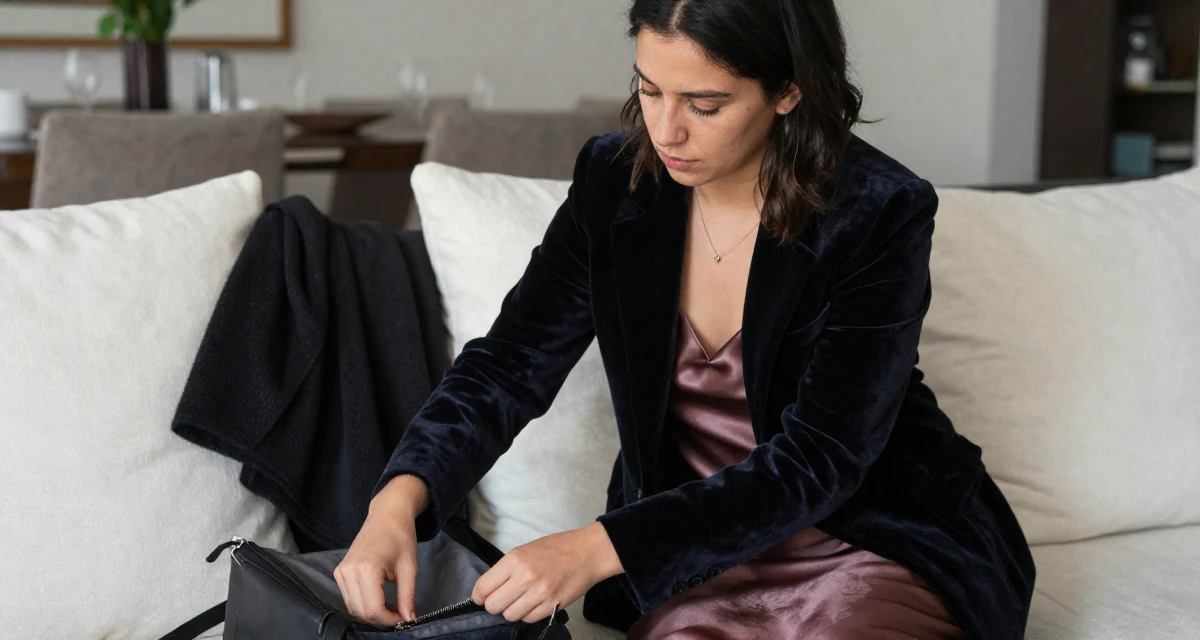 A guarded Female From Guadalajara Mexico, majored in business analytics in their 25, letting go of the need to please everyone, wearing a velvet blazer and a silk slip dress, zipping up a bag in a dining room.