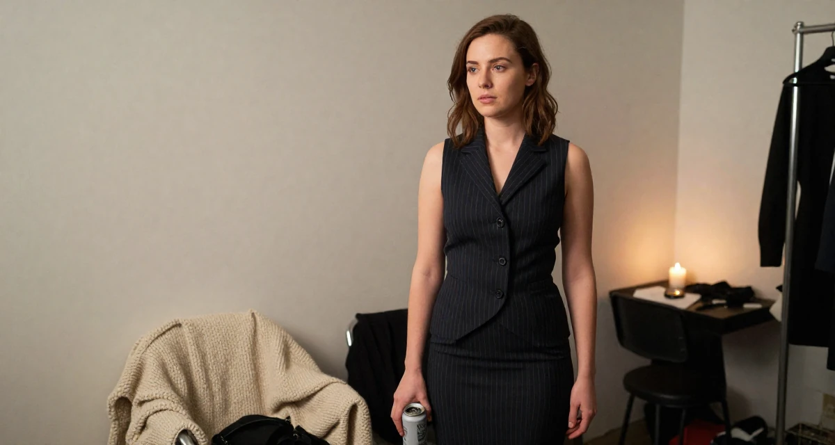 A wistful Female Former figure-skating student, now producing graceful aesthetic content in their 33, documenting a weight loss and health journey, wearing a pinstripe pencil skirt and a matching vest top, holding a beverage can in a backstage dressing room.