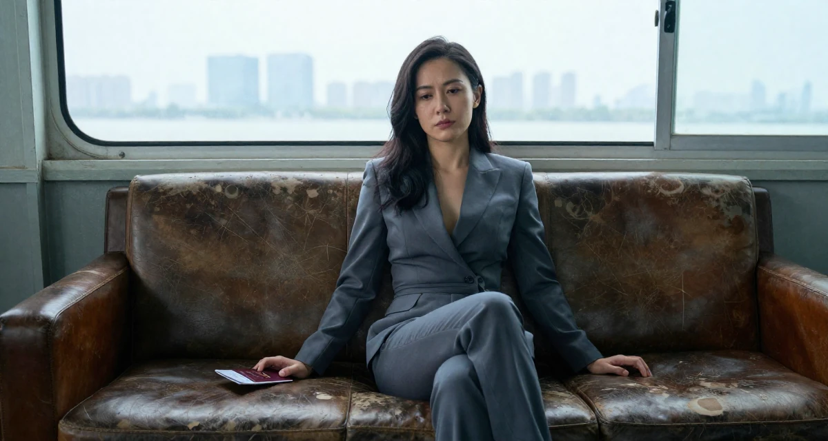 A stoic and strong Female From Suzhou China, grew up in a family tailoring business, learning costume craft in their 28, understanding that burnout is part of the cycle, wearing a tailored jumpsuit with a deep v-neck, holding a passport or ticket in a ferry deck.