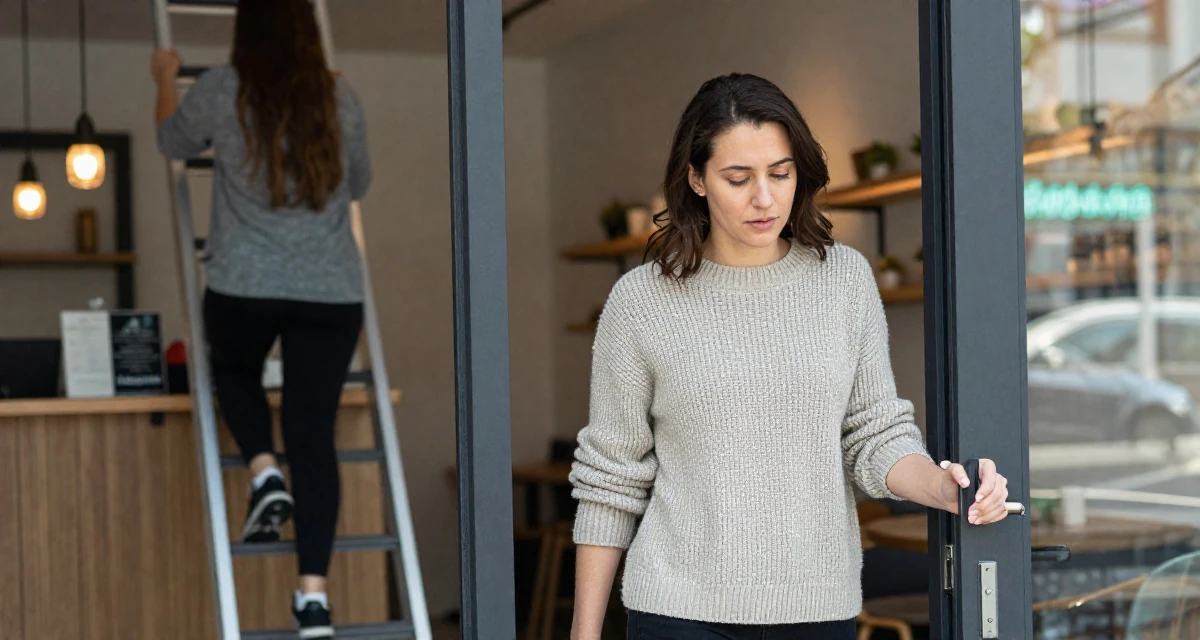 A tired Female Once a gym receptionist, now building her own fan-driven fitness brand in their 28, feeling behind while peers climb stable career ladders, wearing a textured wool sweater, pushing a door open in a cozy café.