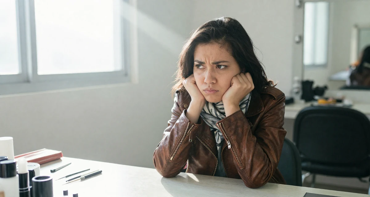 A impatient Female From Bandung Indonesia, studied journalism in their 28, learning to separate self-worth from subscriber numbers, wearing a vintage-inspired leather jacket look, wrapping a scarf around the neck in a backstage dressing room.