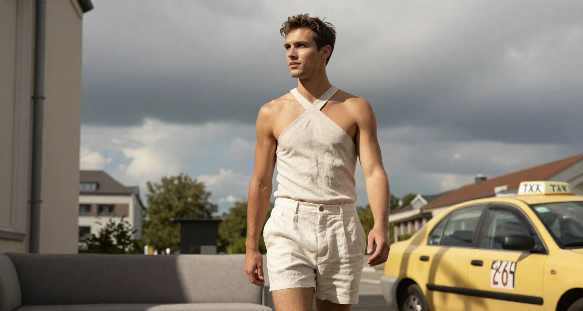 A observant male From Hamburg Germany, learned studio lighting from fashion workshops in their 25, developing a stronger creator identity and niche, wearing a criss-cross halter neck top and linen shorts, waiting for a taxi in a sunlit living room.