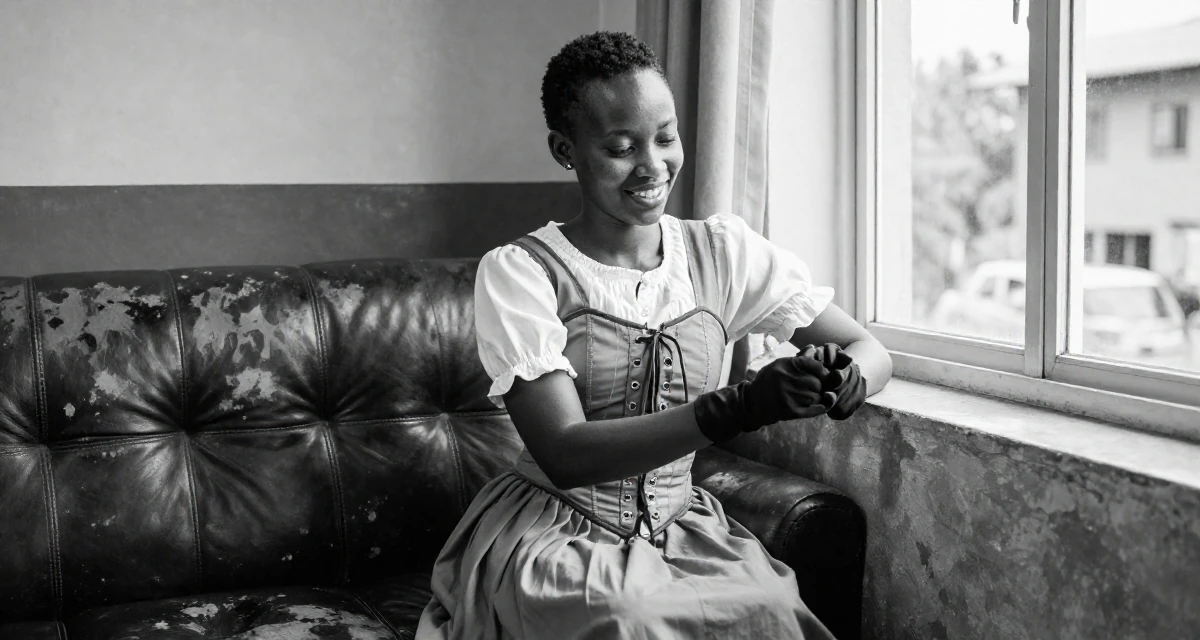 A happy Female Raised in Kenya, studied digital entrepreneurship in their 25, planning high-quality shoots that feel bold but elegant, wearing a peasant girl corset dress with a white blouse, putting on a glove in a classroom setting.