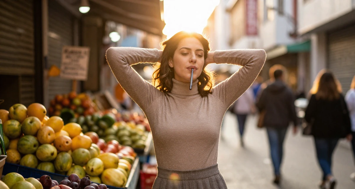 A compassionate Female Once a high-school English tutor, now exploring sensual storytelling in their 24, exploring side hustles to supplement income, wearing a fitted turtleneck and skirt, chewing on a pen thoughtlessly in a neon-lit alleyway.