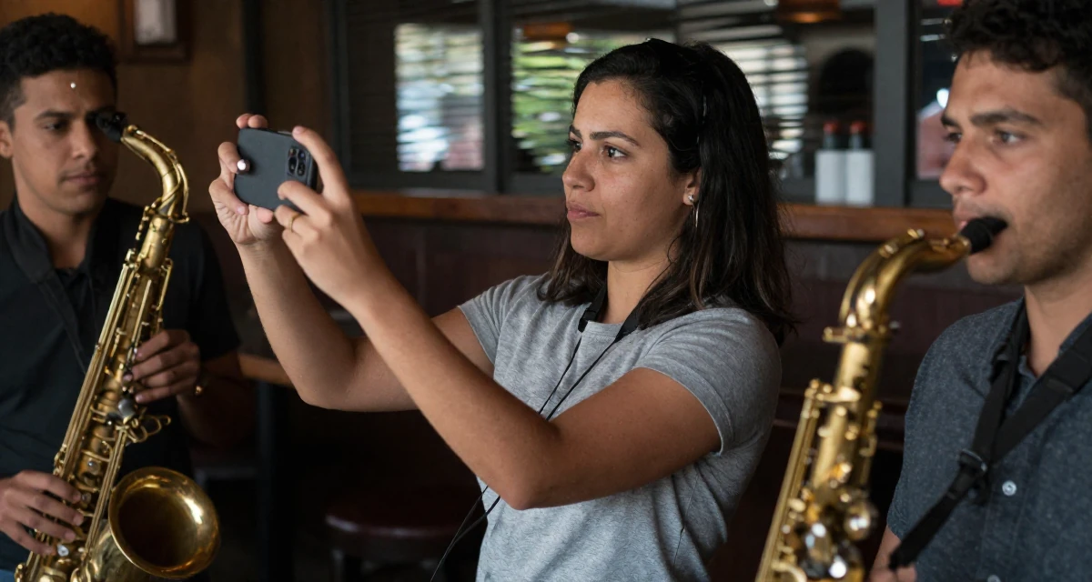 A thoughtful Female From Panama, majored in media production in their 32, mentoring younger colleagues, wearing a grey tones casual wear, taking a photo in a dimly lit jazz bar.