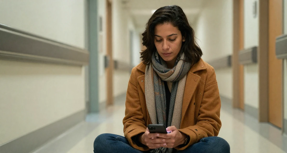 A nostalgic Female From USA, studied supply chain management in their 45, focusing on mental clarity and meditation, wearing a layered autumn coat and scarf, typing a message in a hospital corridor.