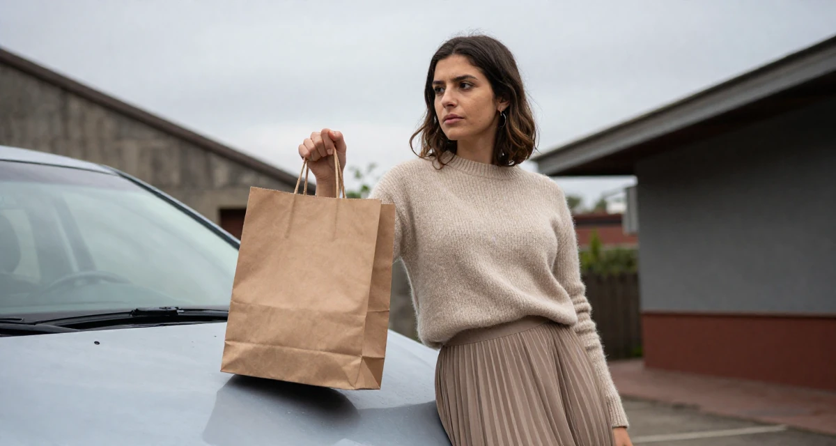 A wistful Female From Buenos Aires Argentina, trained in tango and partner flow in their 20, discovering their first real sense of independence, wearing a soft cashmere sweater and a pleated midi skirt, holding a shopping bag in a attic room.