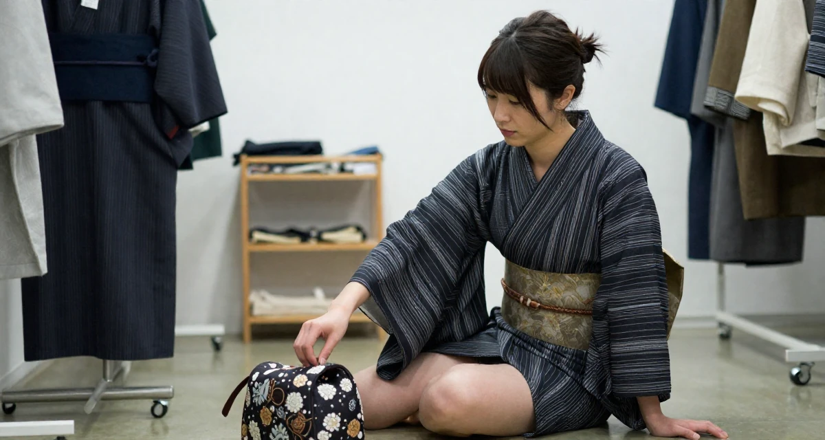 A thoughtful Female Born overseas, studied communication studies in their 26, seeking deeper meaning in daily work, wearing a shrine maiden outfit with a short hakama skirt, closing a bag in a fashion design studio.