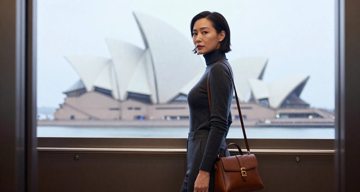 A determined Female From Vietnam, majored in international business in their 40, inspiring others to chase dreams at any age, wearing a sophisticated turtleneck and trousers, carrying a leather handbag in a corporate elevator.