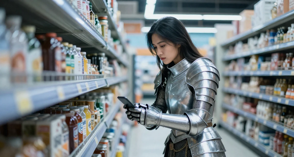 A cold and distant Female From Jakarta Indonesia, majored in fashion merchandising in their 30, weighing long-term health against constant digital hustle, wearing a fantasy warrior princess armor made of silver metal, clasping hands together in a supermarket aisle.