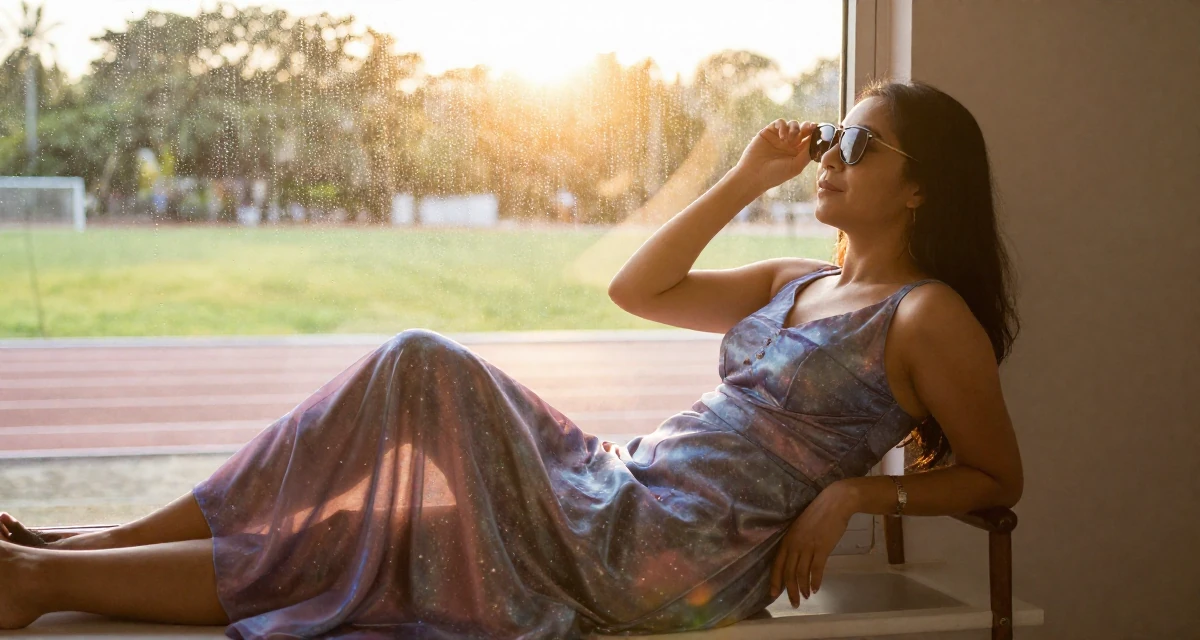 A peaceful Female From the Philippines, based in Cebu City, graduated from a local college majoring in public relations in their 46, creating a sanctuary at home for relaxation, wearing a galactic princess gown with metallic fabrics, putting on sunglasses in a running track.