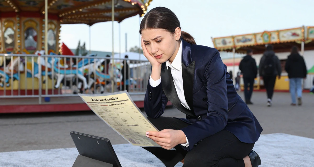 A warmhearted Female Raised in Kazakhstan, majored in global business in their 25, dealing with pressure to choose a major, wearing a satin lapel blazer and tuxedo pants, looking at a menu in a carnival with rides.