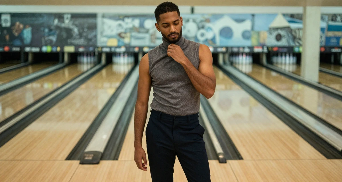 A tranquil male From the United States, based in Miami, graduated from a creative institute majoring in seductive branding in their 23, learning to convert sensual confidence into stable income, wearing a sleeveless turtleneck top and tailored cigarette pants, adjusting a collar in a bowling alley.