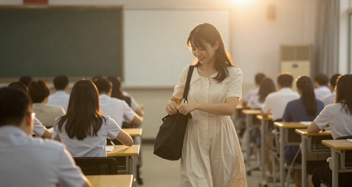 A joyful Female From ChangSha China, holds a degree in human resource management in their 23, discovering how subtle teasing builds real engagement, wearing a airy cotton dress for summer, closing a bag in a conference room.