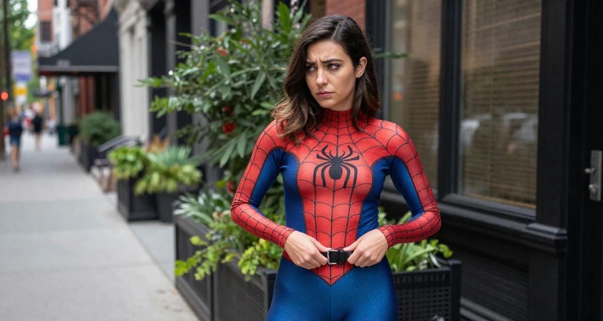 A composed Female Once a barista, now a full-time creator leaning into aesthetic storytelling in their 22, worrying about real-life friends discovering the account, wearing a spider-themed villainess suit, adjusting a belt in a city sidewalk.