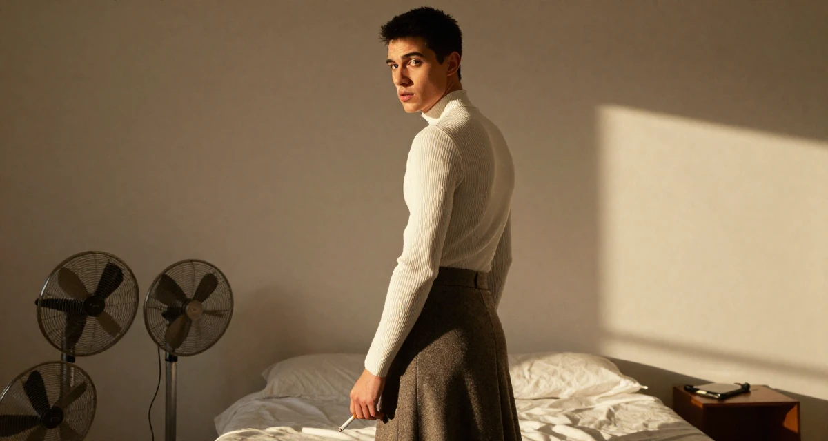 A thoughtful male From Buenos Aires Argentina, holds a degree in dance studies in their 22, building fans who appreciate charm over shock, wearing a ribbed mock neck top and a long wool skirt, holding a cigarette (lit or unlit) in a minimalist bedroom.
