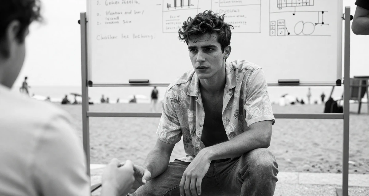 A intense male From Milan Italy, trained in fashion-editorial posing in their 22, filming between classes because real life leaves no time, wearing a relaxed vacation shirt, holding hands with someone unseen in a beach promenade.