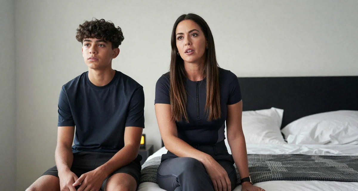 A ambitious Female From Auckland New Zealand, studied animation in their 41, confident mother of teenagers sharing advice, wearing a modern tech-wear inspired look, waiting for a taxi in a minimalist bedroom.