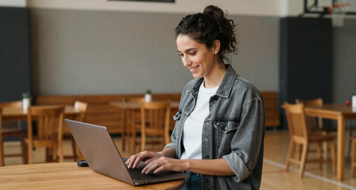 A positive Female From Italy, studied graphic design in their 25, learning to deal with unsolicited feedback online, wearing a modern grunge aesthetic, typing on a laptop in a basketball court.
