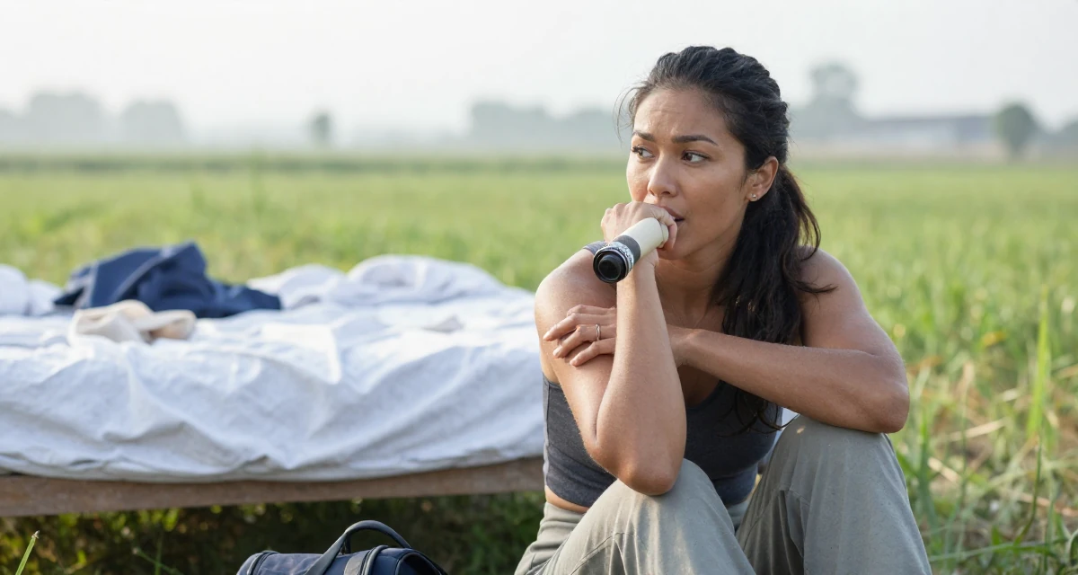 A thoughtful Female Former personal trainer, now documenting transformation journeys for fans in their 49, creating content about cultural heritage, wearing a comfortable travel outfit, humming a tune visually in a farm field.