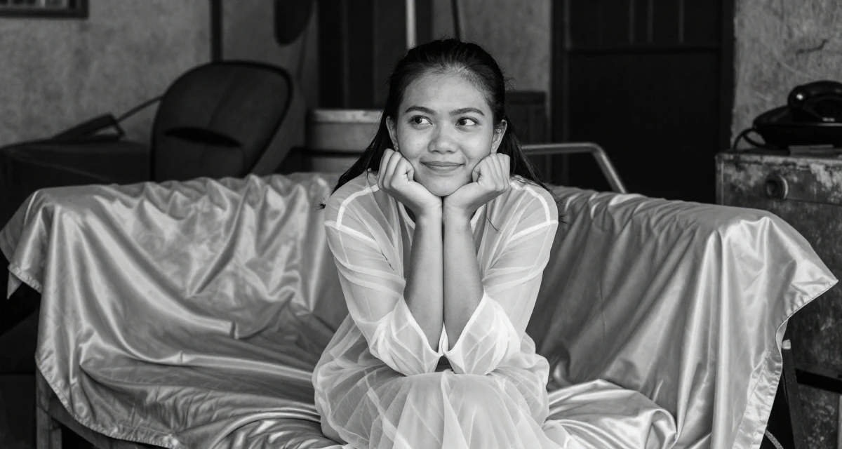 A friendly Female From Bandung Indonesia, studied journalism in their 22, understanding the importance of mental resilience, wearing a semi-transparent beach cover-up dress, shifting weight impatiently in a mechanic garage.