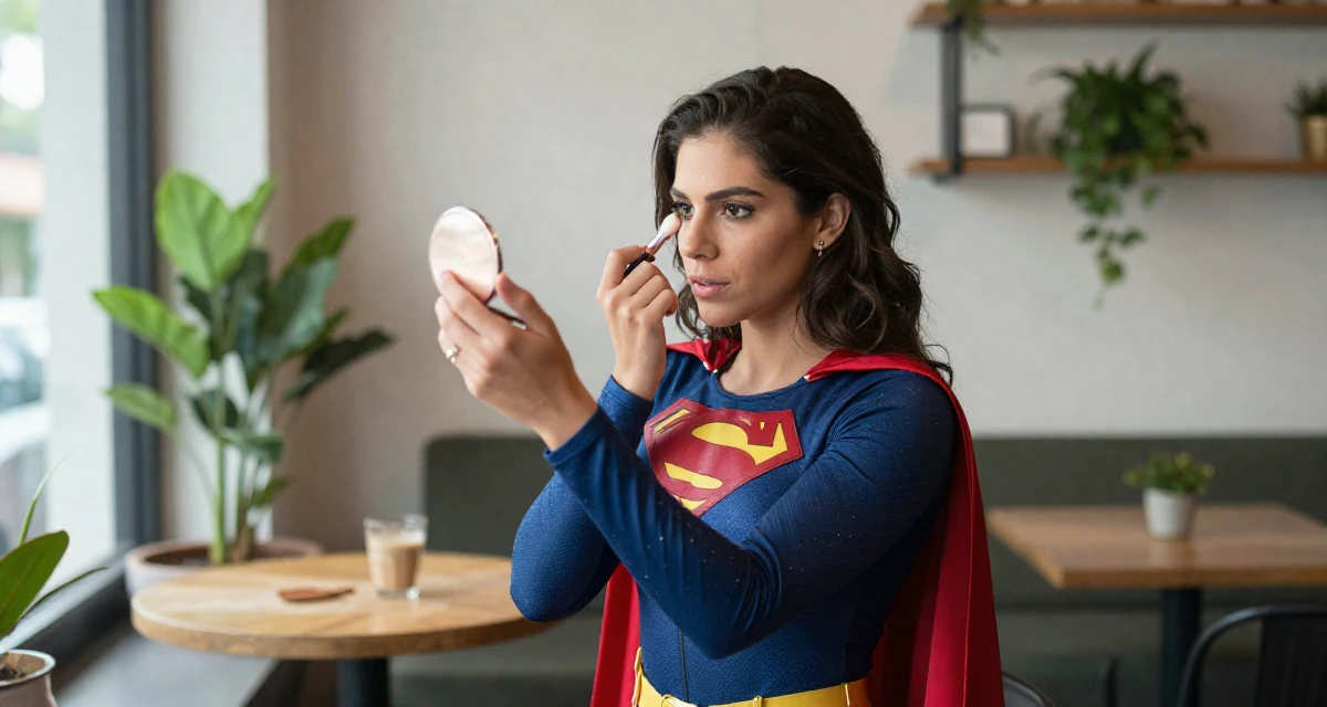 A focused and sharp Female From Mexico, studied public relations in their 25, treating sensual content as art, not pressure, wearing a superheroine spandex suit with a cape, checking makeup in a compact mirror in a trendy coffee shop.