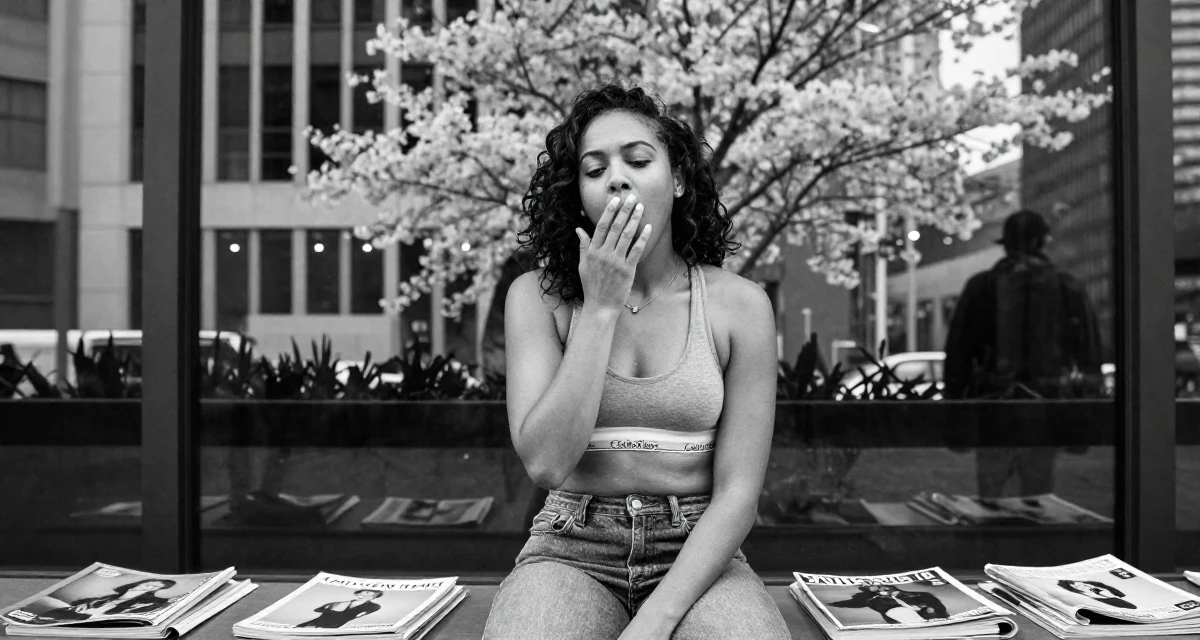 A indifferent Female From South Africa, studied journalism in their 21, drifting between different friend groups, wearing a classic calvin klein style sports bra and jeans, yawning discreetly in a modern skyscraper lobby.