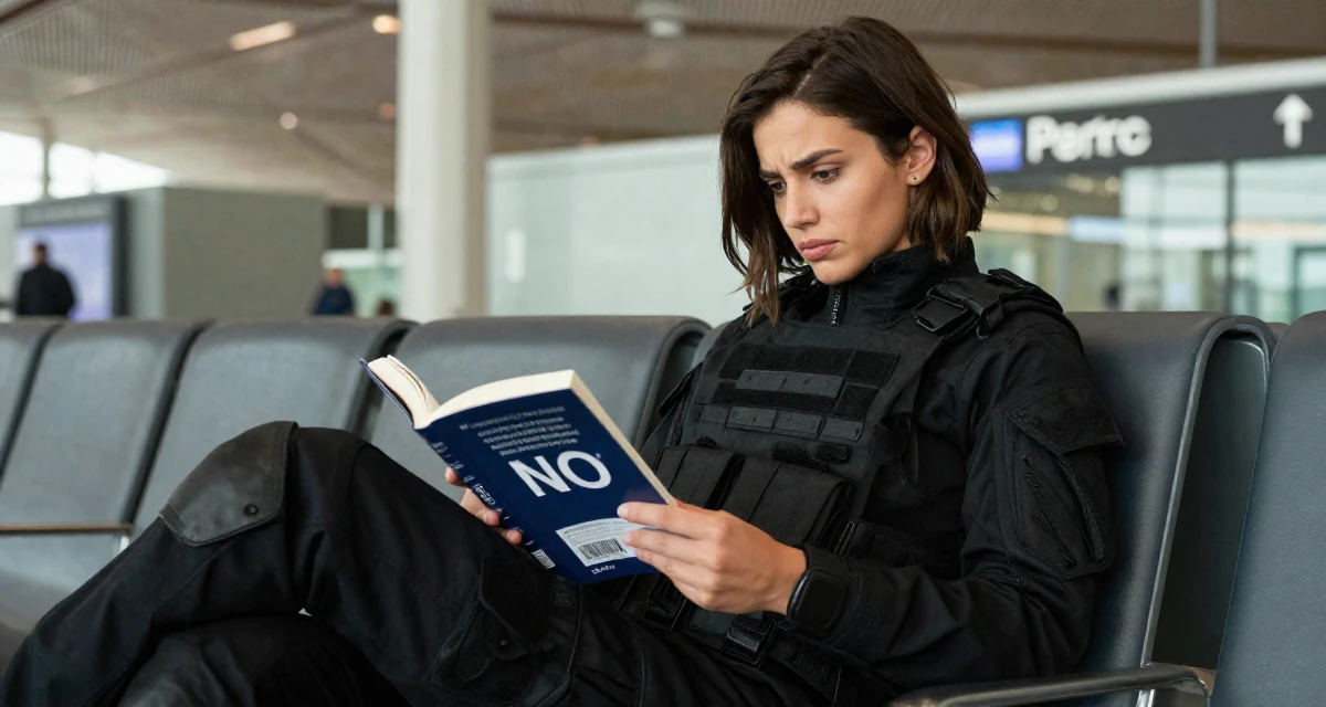 A troubled Female From Argentina, based in Buenos Aires, graduated from a media institute majoring in flirtatious content styling in their 23, learning how to say “no” to requests outside comfort, wearing a special forces tactical suit in matte black, reading a book intently in a airport terminal.