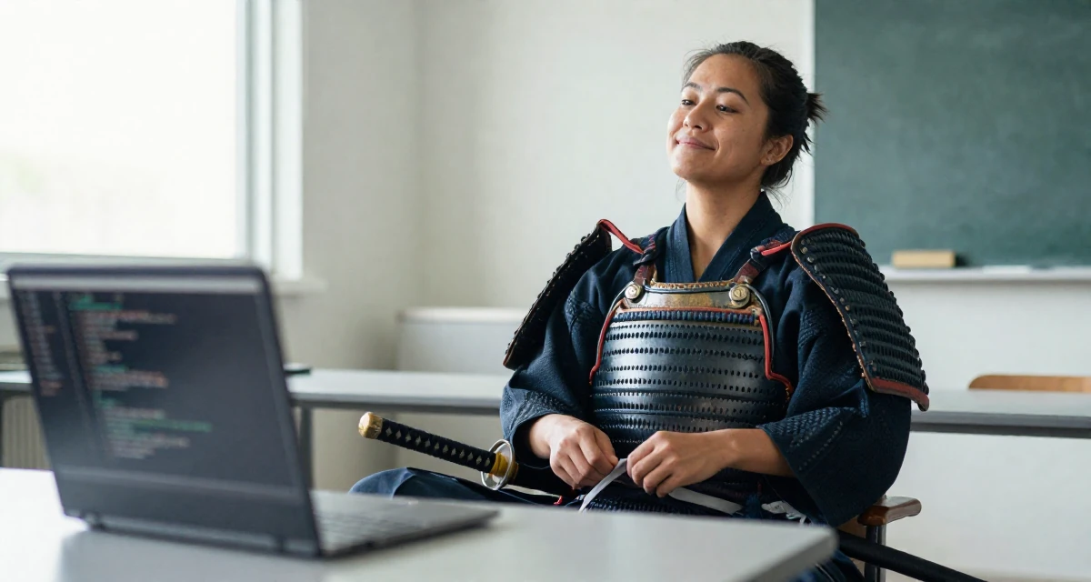 A lazy Female Born in New Zealand, studied creative media production in their 31, finding joy in small daily rituals, wearing a samurai armor set with a katana at the waist, tying a shoelace in a classroom setting.