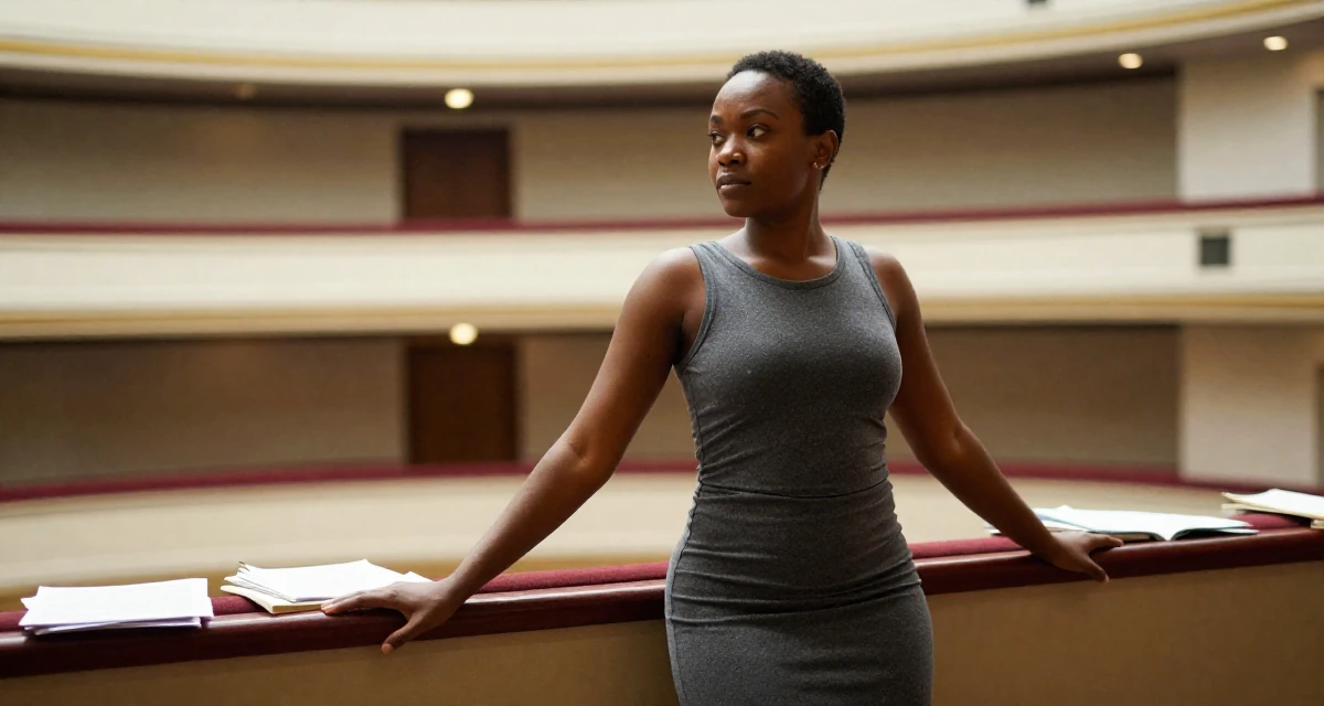 A sincere Female From Nairobi Kenya, trained in expressive dance and confident movement in their 23, recovering from early career burnout, wearing a sheath dress in charcoal grey that hugs the curves, glancing sideways in a opera house balcony.
