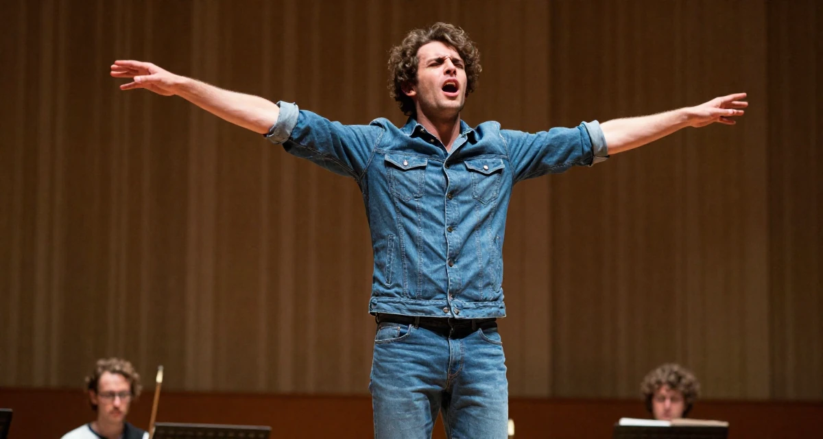 A spirited male From France, studied viticulture and oenology in their 23, fighting algorithm despair while submitting homework, wearing a fashionable denim on denim, stretching arms after waking in a concert hall.