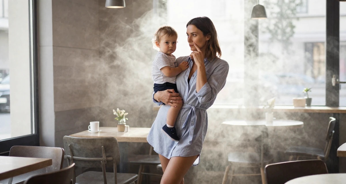 A fearless Female From Germany, studied information engineering in their 35, raising a toddler while building a business, wearing a button-up shirt dress with the top buttons undone, touching the chin thoughtfully in a coffee shop corner.