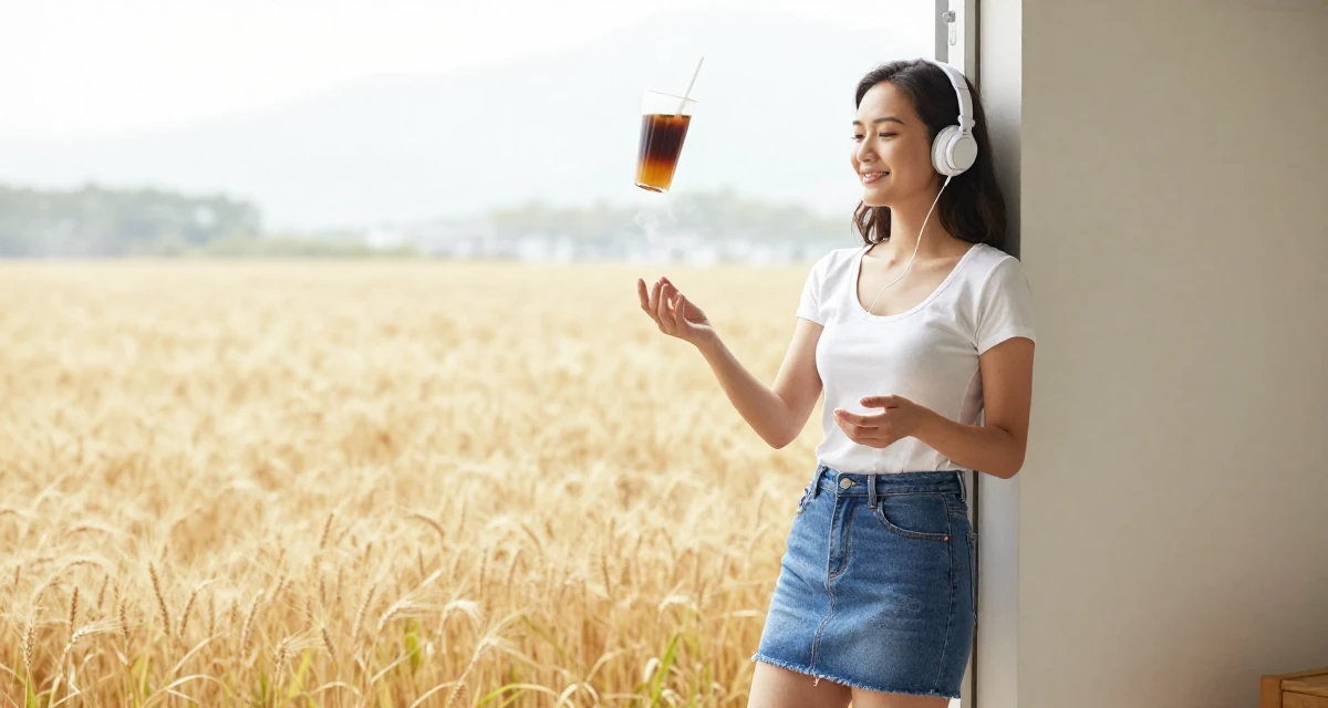 A positive Female From Hong Kong, based in Kowloon, graduated from a community college majoring in film studies in their 25, juggling part-time jobs with studies, wearing a fitted scoop neck tee and a denim mini skirt, listening to music with headphones in a golden wheat field.