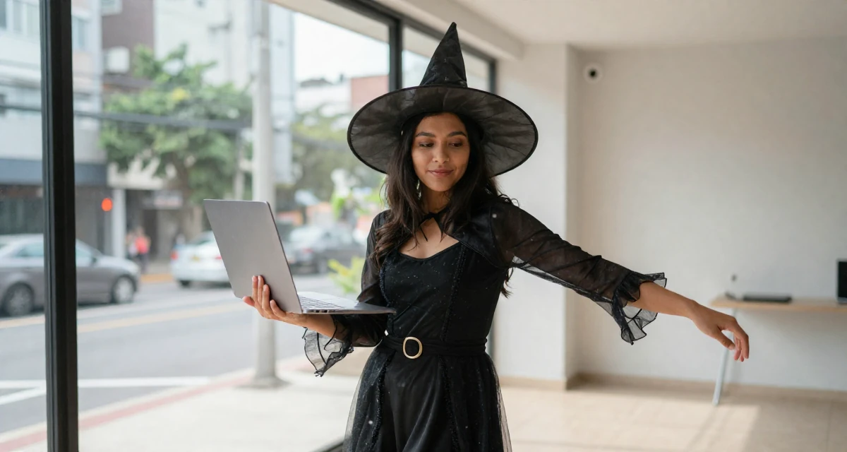 A gentle and kind Female From the Philippines, majored in creative writing in their 29, battling algorithm changes that destroy momentum, wearing a classic witch costume with a wide-brimmed hat, holding a laptop in a modern apartment.
