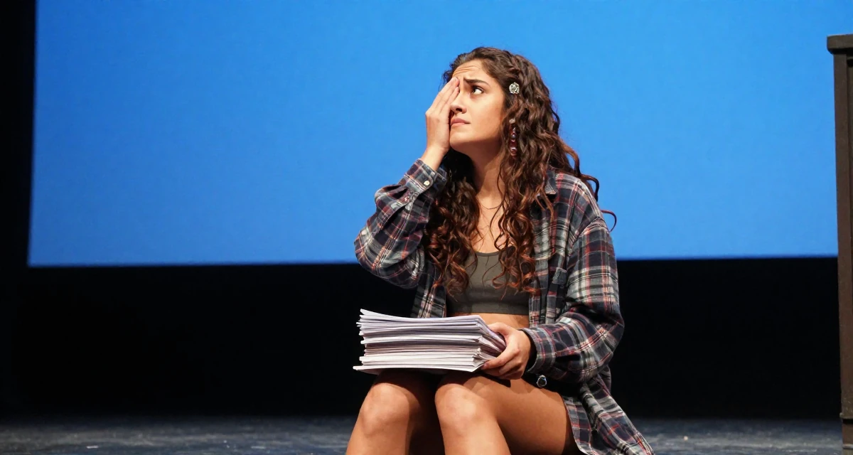 A dreamy Female From Manila Philippines, learned stage presence from bar performance work in their 23, masking anxiety behind playful posts, wearing a oversized flannel shirt unbuttoned over a crop top, carrying a stack of documents in a theater stage.