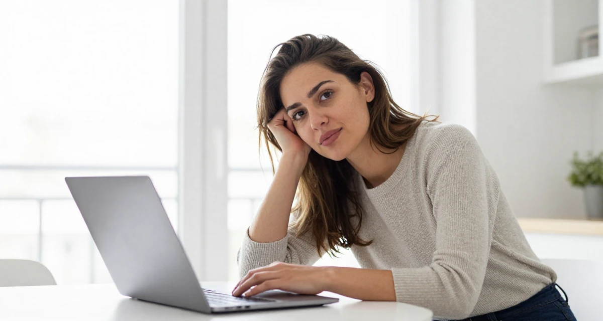 A coy Female From Marseille France, majored in culinary arts in their 31, re-evaluating long-term career goals, wearing a modern casual lifestyle wear, holding a laptop in a home interior.