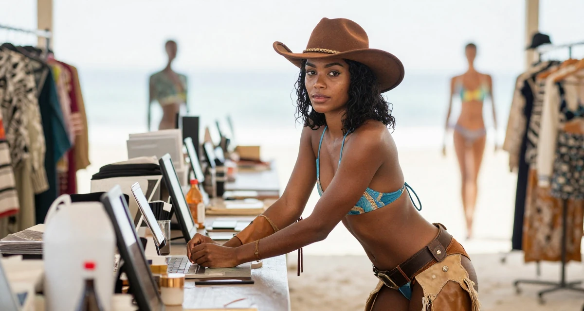 A quietly confident Female From Mombasa Kenya, practiced swimwear aesthetics in coastal campaigns in their 35, at the peak of creative energy and output, wearing a wild west cowgirl outfit with chaps and a hat, adjusting sleeves in a fashion runway.